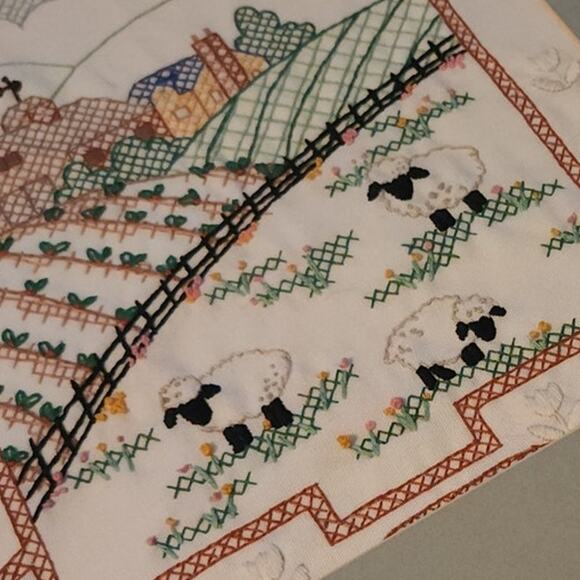 Vtg counted cross stitch of a country farm,w/sheep/crops w/farmhouse/barn Framed - Picture 11 of 14